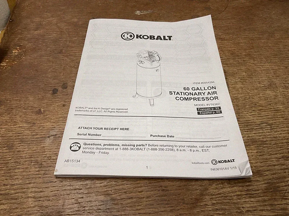 Kobalt 60 Gallon Stationary Air Compressor Model #VT6362 Operator's Manual